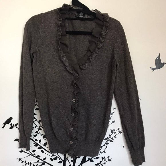 ANN TAYLOR ruffle cardigan XS chocolate brown - Picture 1 of 8
